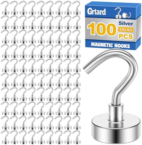 Grtard 100 Pcs Silver Magnetic Hooks Heavy Duty, 30LBS Strong Magnet Hooks by Grtard