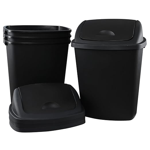 4 Pack Swing Top Waste Container for Home and Kitchen, Commercial Trash Can with Lid, 70 Liter/19 Gallon Capacity, Black