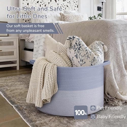 INDRESSME 115L Extra Large Woven Rope Blanket Basket Living Room Blue - Image 5