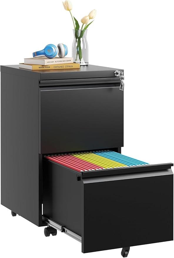 Fully Assembled 2 Drawer File Cabinet, Locking Full Steel Filing Cabinet, Quiet Slides, Anti-Tipping Wheels, Fits A4/Letter/Legal, for Home & Small Office, Matte Black