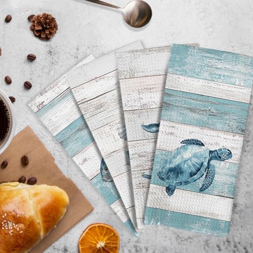 Coastal Nautical Kitchen Towels and Dishcloths Set of 4, Farmhouse Ocean Beach - Image 3