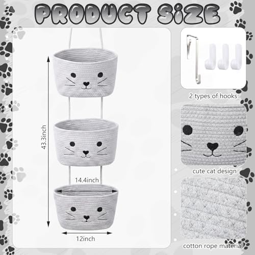 3-Tier Cat Theme Cotton Rope Hanging Basket Organizer, Wall Storage Bin - Image 2