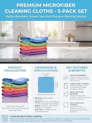 5 Pack Fish Scale Cleaning Cloths, Lint Free Microfiber Polishing Towels - Image 5