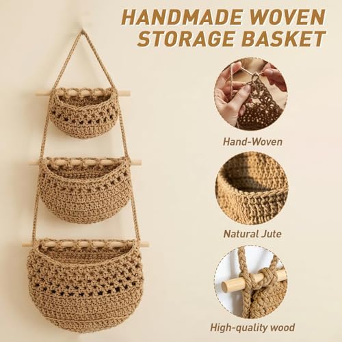 3 Tier Cotton Woven Wall Hanging Fruit Basket, 32 Inch - Image 4