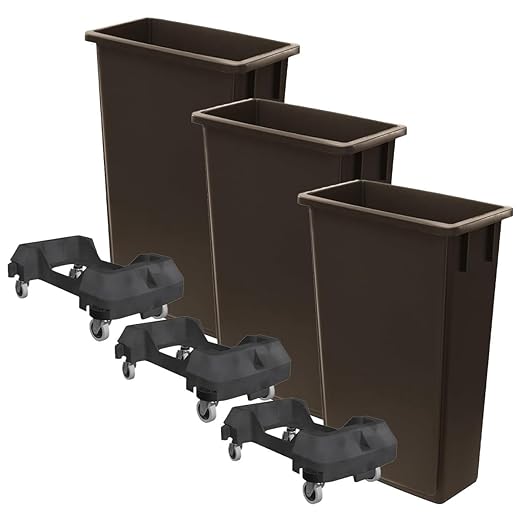 3 Pack 23 Gallon Waste Bin with Dolly, Heavy-Duty Trash Can, Slim Rectangular Garbage Bin, Durable Waste Container, Recycling Bin, Plastic Wastebasket for Kitchen, Garage, Restaurants, Office