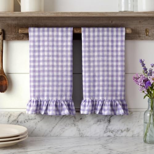 HunnmingRe 2 Pcs Purple Gingham Kitchen Towels Cotton Ruffled - Image 6