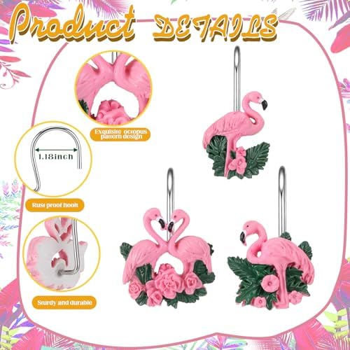 Amyhill 12 Pcs Flamingo Shower Curtain Hooks Decorative Shower Curtain Rings - Image 3