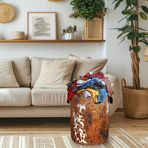 Brown Cow Skin Laundry Basket Foldable Hamper 18.9"x16.5" - Image 2
