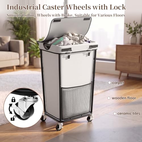 Laundry Hamper with Wheels and Lid, 110L Large Rolling Laundry Basket White - Image 3
