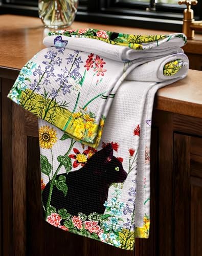 Miss Adola 2pcs Cotton Waffle Kitchen Towels, Cat in Flowers by MissAdola