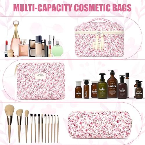 BuyCard Quilted Makeup Bag Set, CuteFloral Cotton Coquette Makeup Bag Toiletry - Image 4