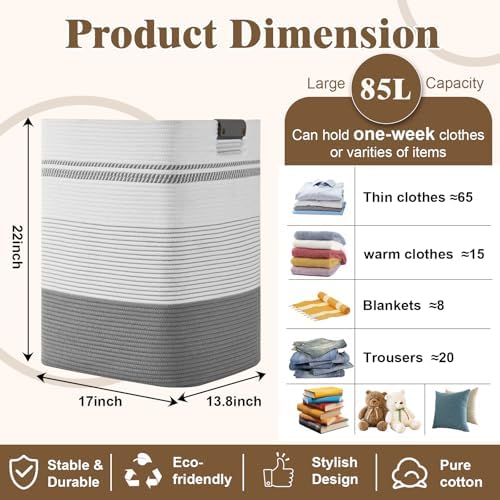 Laundry Hamper, 85L Tall Laundry Basket - Image 3