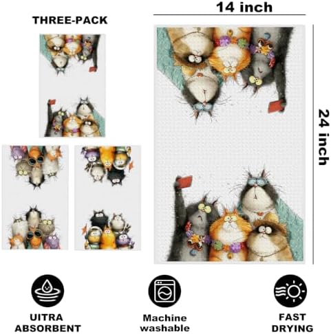 3 Pcs Cute Cat Kitchen Towels, Funny Cats Gifts Absorbent Hand Towels-01 - Image 2