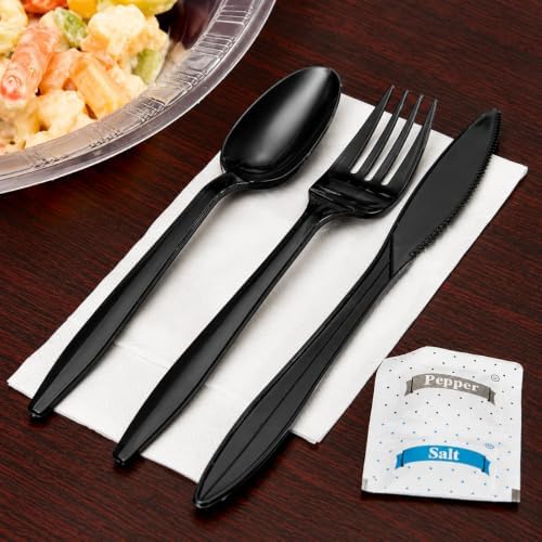 KitchenDine 100 Pack Medium Weight Wrapped Black Plastic Cutlery Pack - Image 5