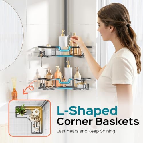 HAMITOR Adjustable Bathroom Storage, 4-Tier Tension Pole Shower Caddy - Image 3