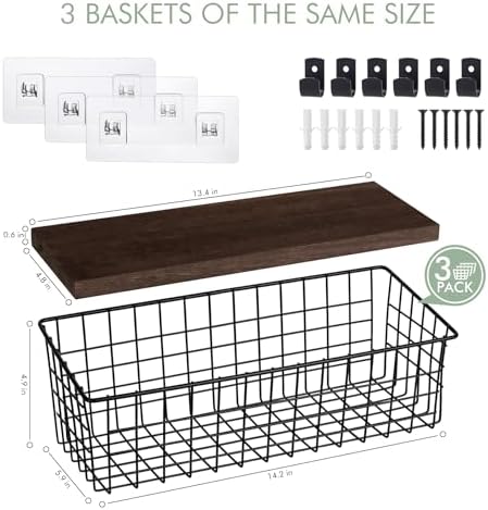 Wall Hanging Baskets, 3 Wooden Wire Bins - Image 2