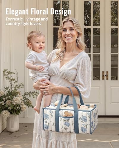Blissful Diary Floral Diaper Caddy Organizer, Peony Blue - Image 7