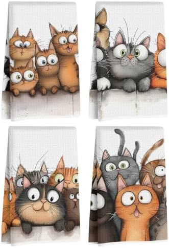 Jztco 4 Pcs Cute Cat Kitchen Towels, Cats Absorbent Hand Tea Towel by Jztco