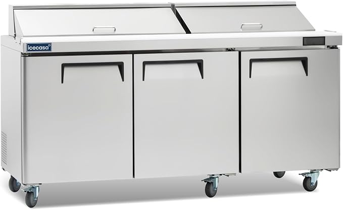 ICECASA 72" W Commercial Refrigerator Sandwich&Salad Prep Table 3 Door Stainless Steel Counter Fan Cooling Refrigerator with 18 pans-72 Inches for Restaurant, Bar, Shop, etcI