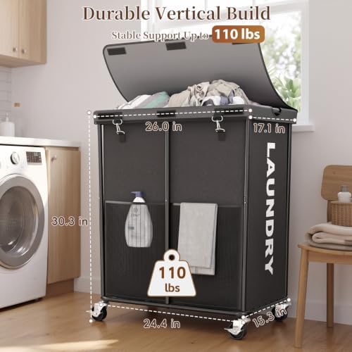 Laundry Hamper with Wheels and Lid, 225L Large Rolling Laundry Basket Gray - Image 5