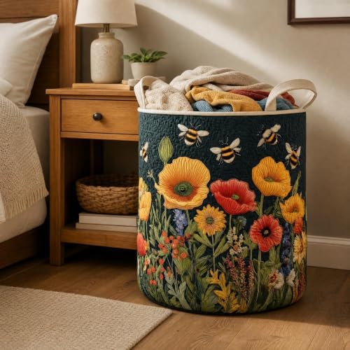 Quilted Laundry Basket with Handles, Boho Floral Quilted Storage Hamper - Image 6