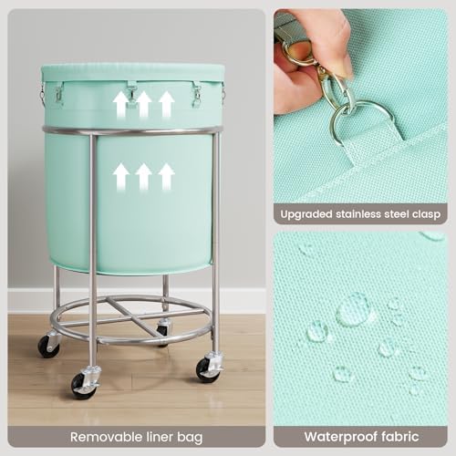 ELYKEN Laundry Basket with Wheels, Round Rolling Laundry Hamper, Mint Green - Image 6