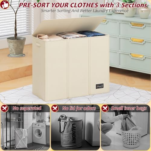 175L Laundry Hamper 3 Section, Large Laundry Hamper - Image 3