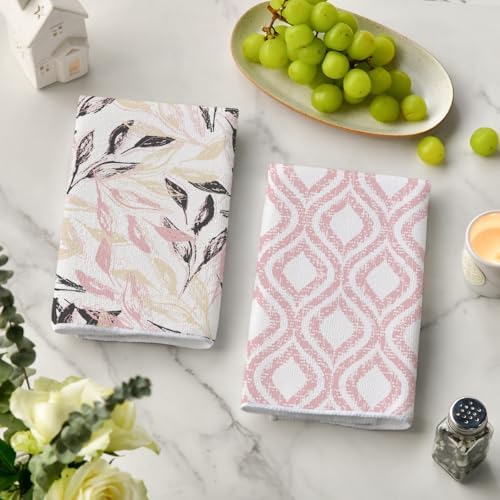 Artoid Mode Pink Floral Leaves Boho Kitchen Towels Dish Towels, 18x26 Inch - Image 3