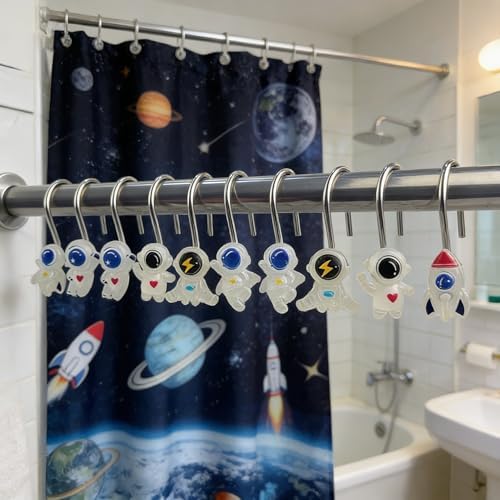 Two Fish Home Fashions Set of 12 Decorative Spaceman Resin Shower Curtain Hooks - Image 3
