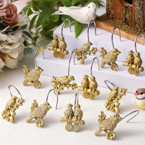 Amyhill 12 Pcs Bird Shower Curtain Hooks Antique Gold Birds Animal Decorative - Image 6