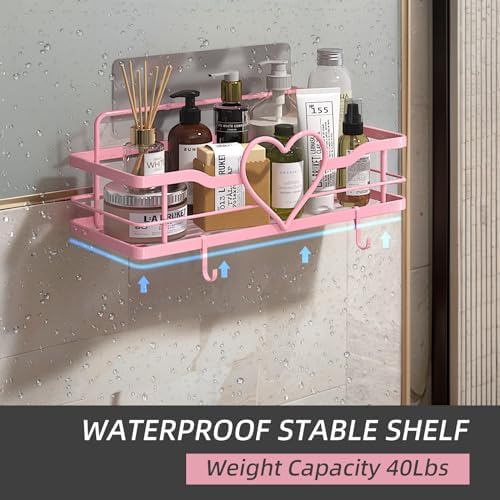 Pink Shower Caddy with 4 Removable Hooks, 2 Pack Sweet Heart Shower Shelves - Image 3