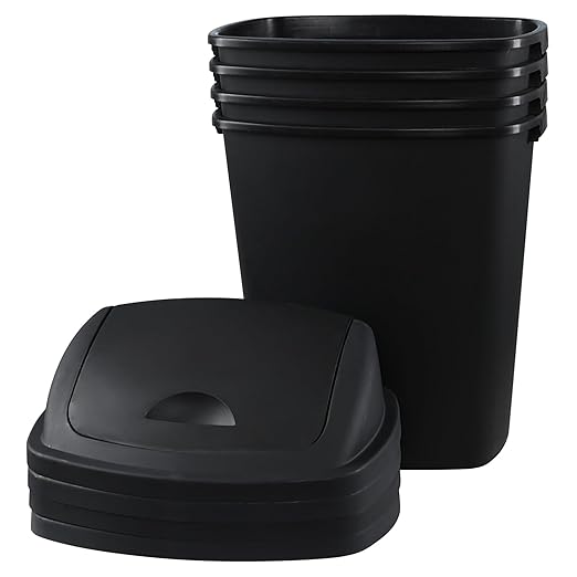 4 Pack Swing Top Waste Container for Home and Kitchen, Commercial Trash Can with Lid, 70 Liter/19 Gallon Capacity, Black