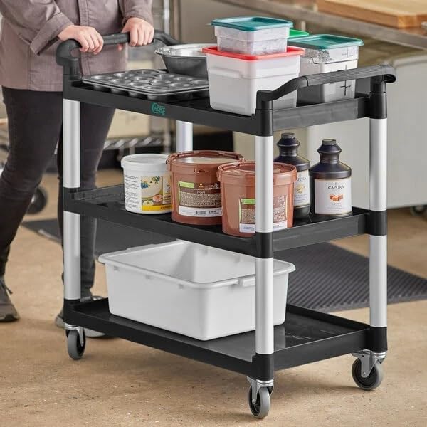 Black 3-Shelf Utility Bus Cart, Plastic Construction, 32 x 16 Inches, 300 lb Capacity, with Swivel Casters, Medium Duty Commercial