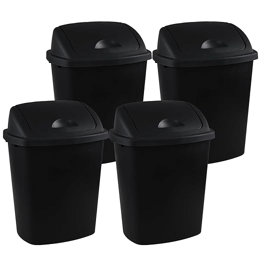 7 Gallon Plastic Kitchen Garbage Can, Black Trash Can with Swing Lid, 4 Pack