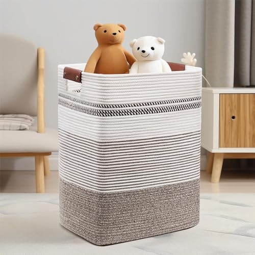Laundry Hamper, 85L Cotton Rope Laundry Basket, Rice Brown & White - Image 3