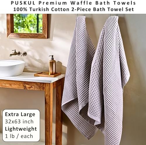 PÜSKÜL Natural 100% Turkish Cotton Waffle Bath Towels Set of 2, Extra-Large - Image 4