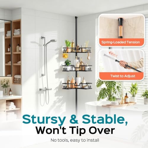 HAMITOR Shower Caddy Tension Pole: 4-Tier Adjustable Corner Organizer Black - Image 4
