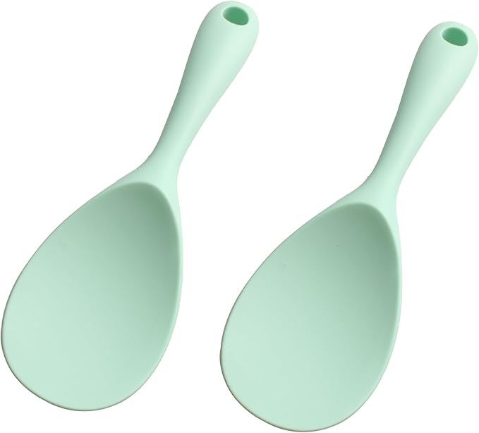 2PCS 8.8 Inch Silicone Rice Paddle Spoon, Light Green Non Stick Rice Spatula, Heat Resistant Rice Cooker Spoon for Rice, Salads, Mashed Potato