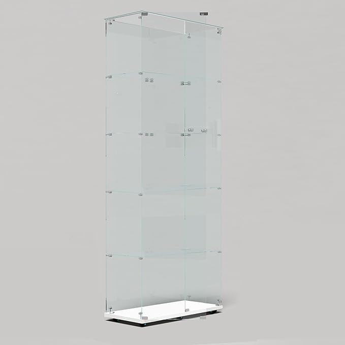 Glass Display Cabinet with LED Light Strip, 5 Shelves with 2 Doors, Glass Top Curio Storage Cabinets with Lock & Caster for Living Room,Floor Standing Bookshelf, Quick Installation - White