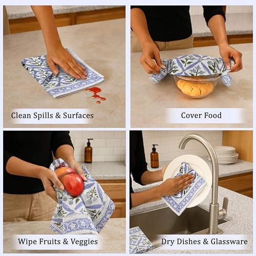 Ridhi Light Steel Blue Hand Block Print Cotton Kitchen Towels, 16x28 Inch - Image 5
