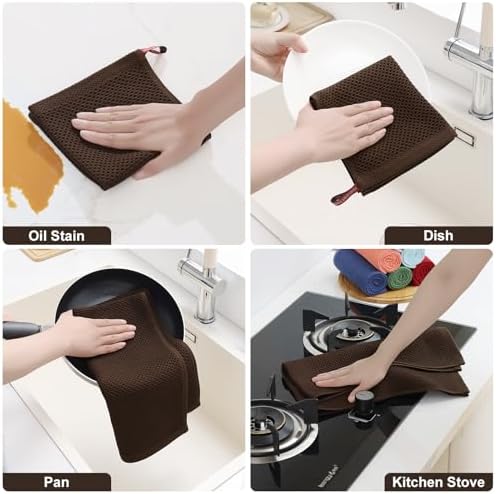 Homaxy 12 Pack 100% Cotton Kitchen Towels and Dishcloths Set, Dark Brown - Image 5