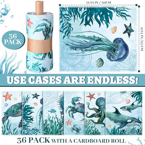 36 Pack Reusable Cloth Kitchen Paper Towels, Sea Animals Style - Image 2