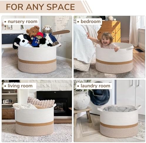 INDRESSME XXXLarge Woven Rope Blanket Basket Living Room White Camel - Image 5