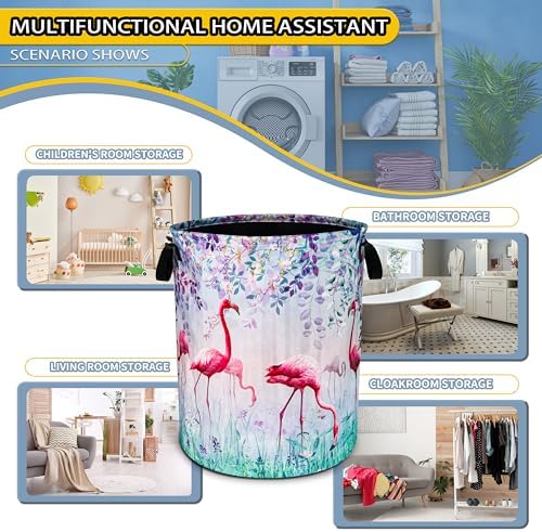 Flamingo Flowers Laundry Basket Foldable Waterproof Hamper 18.9 x 16.5 Inch - Image 6