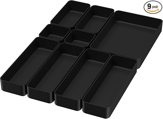 Black Bathroom Drawer Organizer Trays: 9 PC Stackable Desk Organizers Bin | by CHANCETSUI