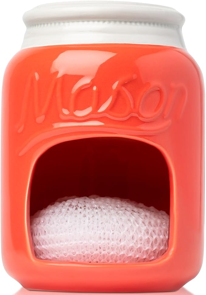 Comfify Coral Mason Jar Ceramic Sponge Holder – Farmhouse Sink Caddy by Comfify