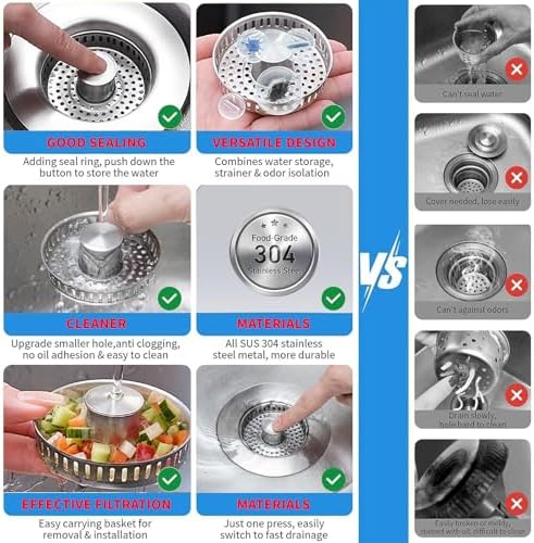 3-in-1 Kitchen Sink Drain Strainer & Sink Stopper 2 Pack : 304 Stainless Steel - Image 5