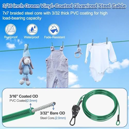 TooTaci Outdoor Clothesline Kit, 30ft 3/16" Green PVC Coated Clothes Cable - Image 3