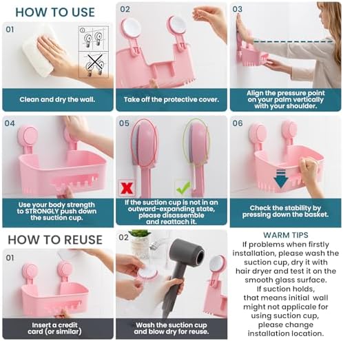 TAILI Shower Caddy Suction Cup, Bathroom Organizer Shelf Pink - Image 6