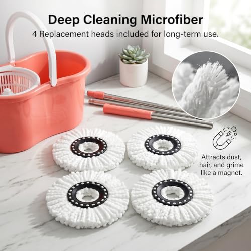 Pink Spin Mop and Bucket with Wringer Set 360 Rotating Mop 3 Mop Refills - Image 4
